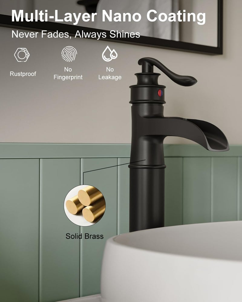 BWE Vessel Sink Faucet Waterfall Matte Black with Pop Up Drain Without Overflow and Supply Lines, Black Sink Faucet Bathroom One Handle Faucets Vanity Bath Mixer Tap - Image 5